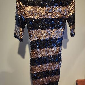 BCBG MaxAzria Black and Gold Sequin Midi Dress MSRP $338